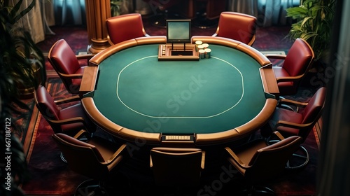 Ante Up: Top-Down View of a Casino Poker Table and Chairs Set for Card Game Action, Generative AI