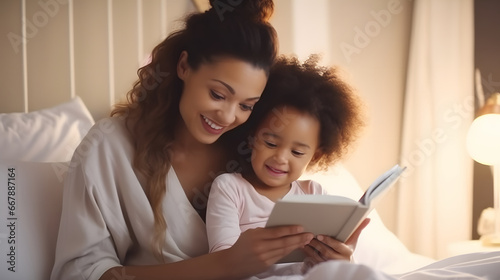 mother reading a book to her son