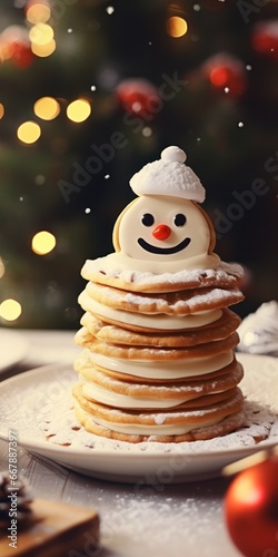 Festive Flapjacks: Homemade Snowman Shaped Pancakes with Sugar Buttons on Christmas-themed Table Background