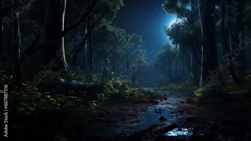 Scene alone dark forest night light landscape picture Ai generated art