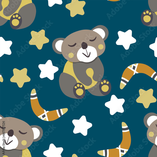 Seamless pattern with cute koala, bear baby on color background. Funny australian animals. Card for kids. Flat vector illustration for fabric, textile, wallpaper, poster, paper