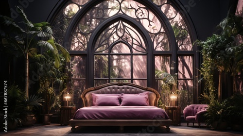 luxurious bedroom with gothic window