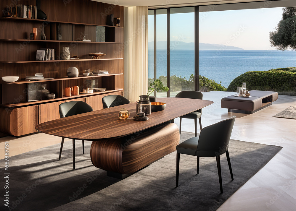 Products Shaped Walnut dining table photography, sofa feet and base are walnut, storage, smooth lines, simple, asymmetrical design, shaped, in seaside villa,