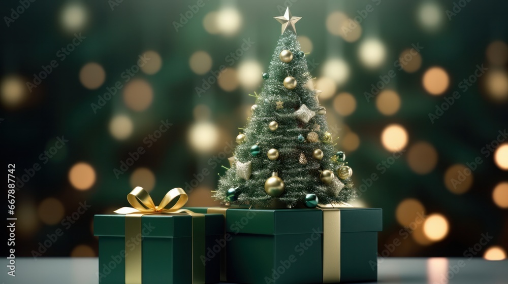 Green Christmas Background with Festive Gift Box and Ornamental Decorations for Christian Celebration in Generative AI Image