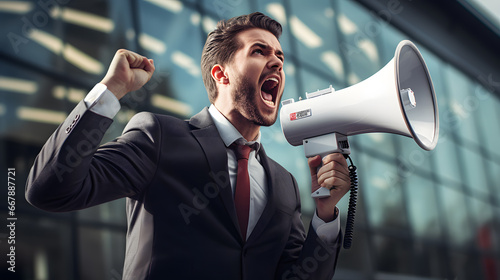 Handsome confident businessman yelling through a megaphone. Announcement concept © FutureStock