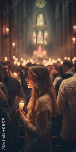 Group of People Participating in Candlelit Christmas Service in a Dark Church © Generative Professor