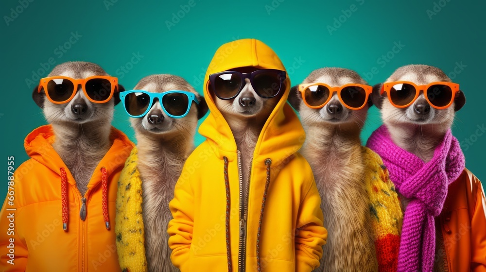 Meerkat in a group, vibrant bright fashionable outfit, copy space, 16:9