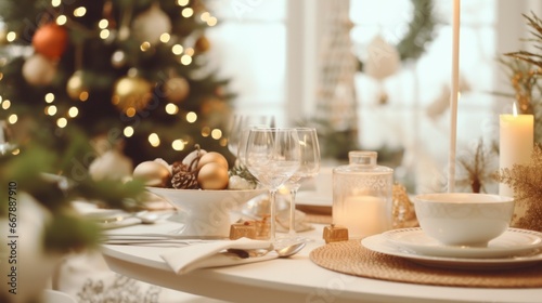 Joyous Yuletide Brunch: A Festive Christmas Meal in a Seasonal Dining Setting with Decorations and Cutlery on Plates for Celebration
