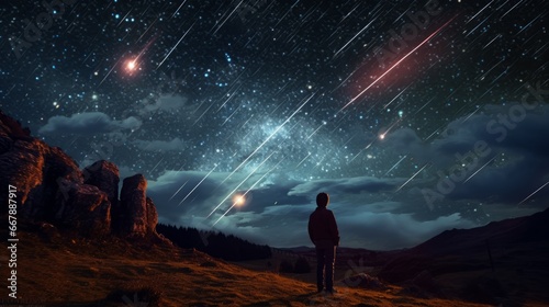 Shooting stars in the night sky, copy space, 16:9
