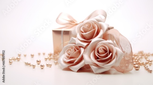 Minimalistic and Elegant Rose Gold Christmas Decorations with Ribbon and Balls on White