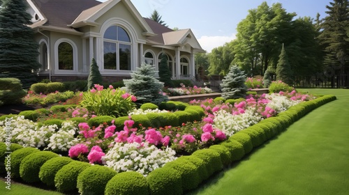 outdoor manicured lawn and flowerbed, 16:9, copy space, concept: dream garden photo