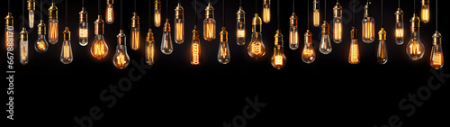 Vintage Glowing Yellow Light Bulbs on Black Background Banner Copy Space