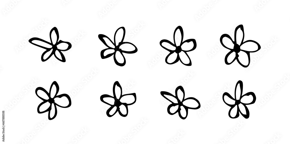 Flower doodle set. Hand drawn daisy scribble with pencil, pen or marker. Abstract retro, vintage, grunge tattoo sketch or clothes print (Full Vector) - obrazy, fototapety, plakaty 