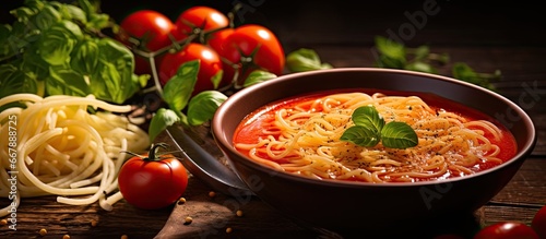 Wooden table with tomato soup and noodles photo