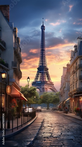 Street scene with eiffel tower oil painting image Ai generated art