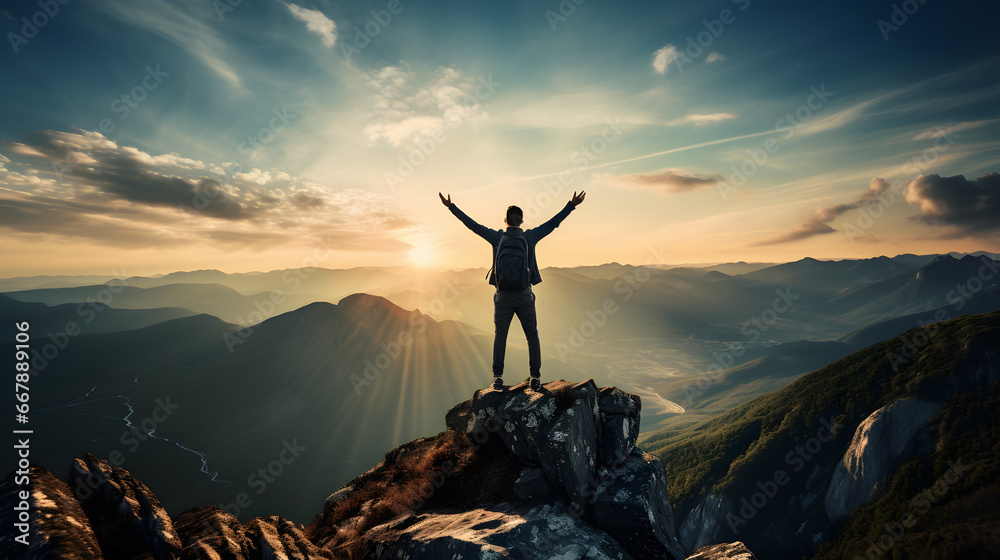 A man standing on top of a mountain celebrating with arms open. Success and goal achievement concept - obrazy, fototapety, plakaty 