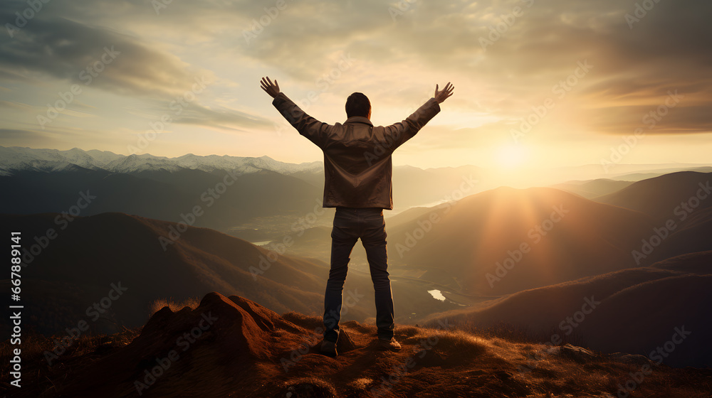 A man standing on top of a mountain celebrating with arms open. Success and goal achievement concept