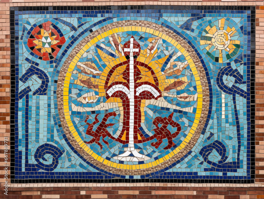 A religious mosaic artwork with various symbols representing different faiths beautifully fused together.