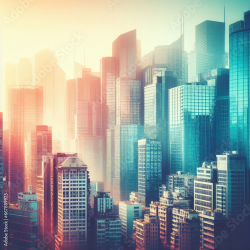 Big city with modern architecture, abstract sunlight texture, glass facade, Buildings and Architecture concept, generetive ai