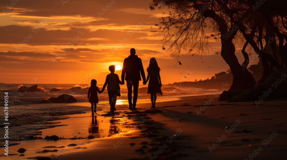 Happy family together on the beach in holiday. Silhouette of the family holding hands enjoying the sunset on the beach. Happy family travel and vacations concept.