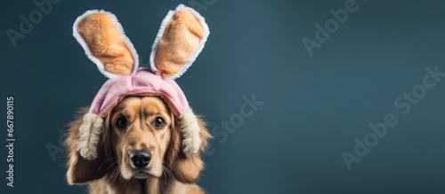Shameful Golden Retriever Dog in bunny ears hiding photo