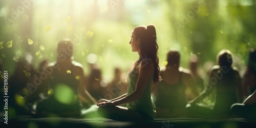 Fototapeta Naklejka Na Ścianę i Meble -  Blurred background of people doing yoga in a summer park. Generative AI