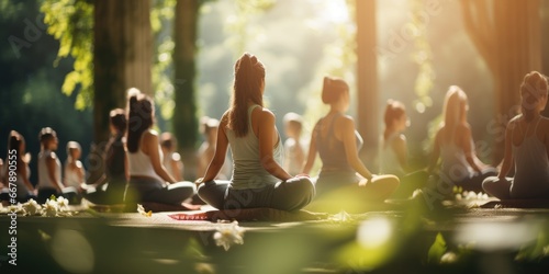 Blurred background of a group of people doing yoga in the park. Generative AI