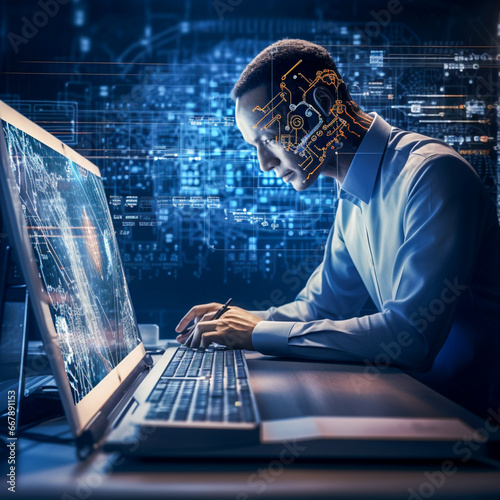 Robot humanoid use laptop and sit at table for big data analytic using AI thinking brain , artificial intelligence and machine learning process for the 4th fourth industrial revolution . 3D rendering.