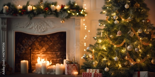 A festive room with a beautifully decorated Christmas tree and a warm fireplace, glowing with holiday spirit.