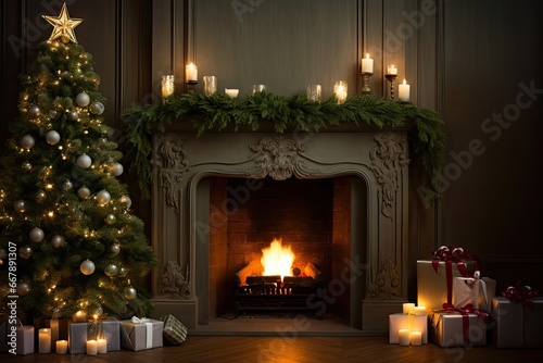 A cozy room with a beautifully decorated Christmas tree by the fireplace, aglow with festive celebration.