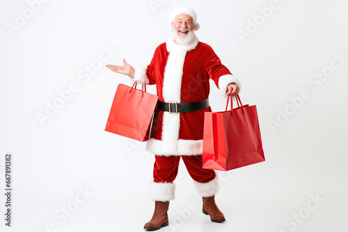 A cheerful and mature man dressed as Santa Claus, holding shopping bags filled with Christmas gifts, embodying the spirit of holiday shopping and joy.