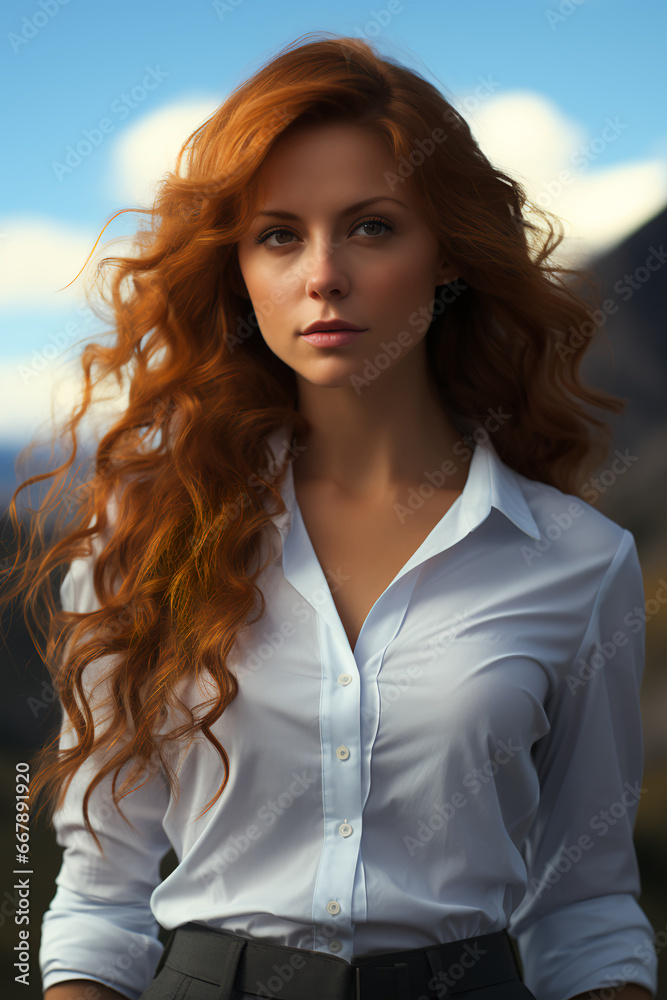 Distant view of the most beautiful business woman, 30 years old, beauty, proud, long curly orange hair, thin legs, a plunging big décollecté in a open white shirt Distant view of the most beautiful business woman, 30 years old, beauty, proud, long curly orange hair, thin legs, a plunging big décollecté in a open white shirt