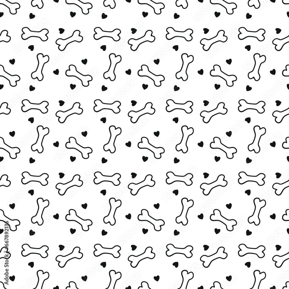 Heart, bone seamless pattern. Design for textile, wallpaper, fabric, wrapping, scrap, gift paper. White background. Love dog, cat concept. Pet care symbol. Vector repeat ornament