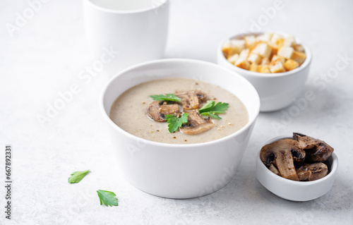 Roasted mushroom potato puree soup in a bowl