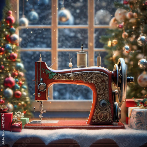 Vintage retro sewing machine on window with christmas flowers. Christmas tree, giftbox, Christmas environment, Decorative home cozy background.
Watercolor vintage sewing composition with dusty rose.