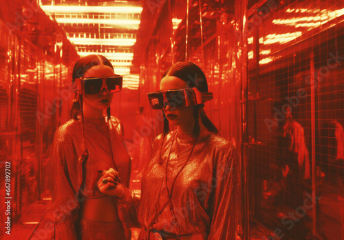 Girls in glasses are on a red neon corridor. Post-'70s ego generation.