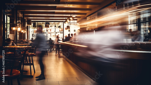 Bar with silhouettes of people blurred in motion
