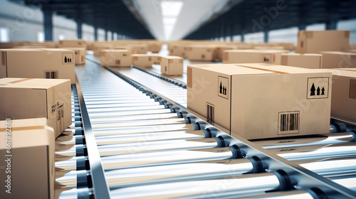 multiple cardboard box packages moving in a warehouse fulfillment center, e-commerce, delivery, automation and products concept