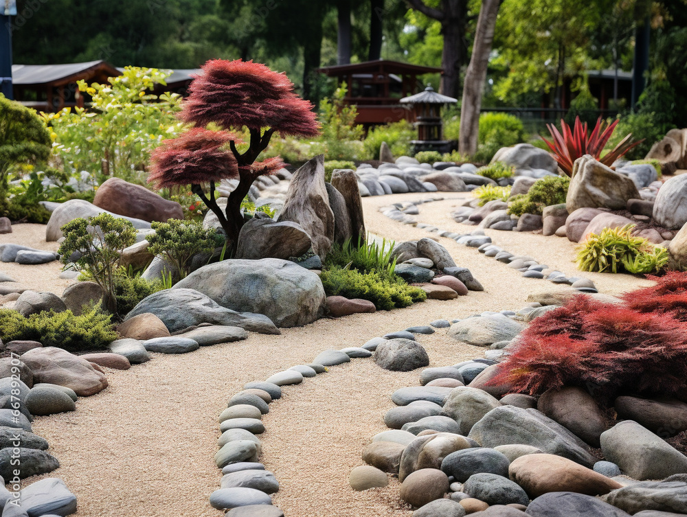 A serene Buddhist rock garden with meticulously placed rocks, displaying tranquil beauty and harmony. - obrazy, fototapety, plakaty 