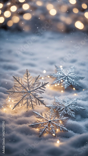New Year's snowflakes on the snow.  Generative AI.