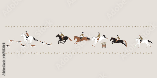 Tradition fox hunting with horse riders english style with dogs on landscape