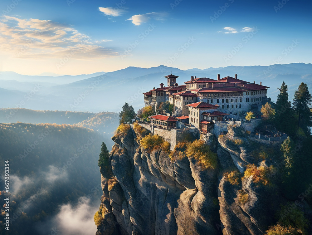 A tranquil monastery perched on a hilltop, offering breathtaking views of the surrounding landscape.