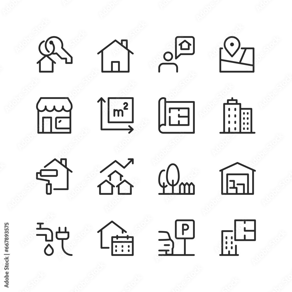 Real Estate, linear style icons set. Buying, renting and letting real estate. Apartment, house, land plot, commercial real . Investments. Editable stroke width
