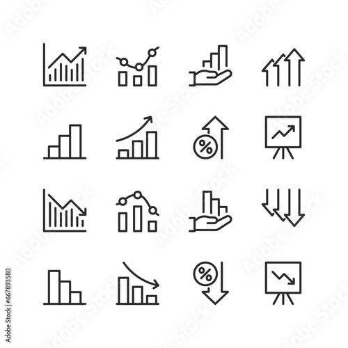 Increase and decrease, linear style icons set. Charts and figures with increases and decreases. Rising up and falling down. Growth, success and failure, negative outcome. Editable stroke width