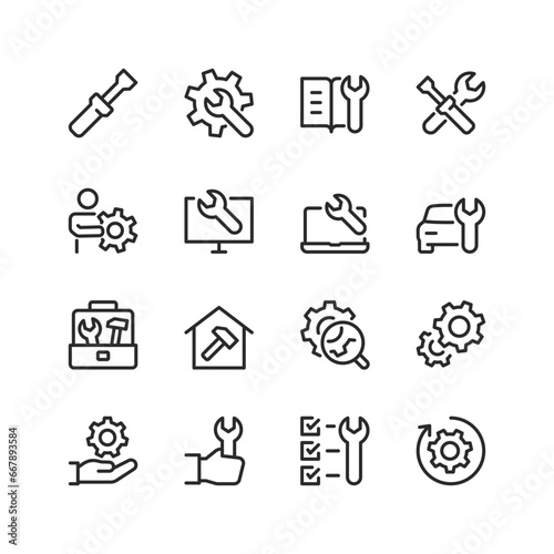 Repair, linear style icons set. Building, appliance and vehicle repair. Tools, wrench, screwdriver. Editable stroke width