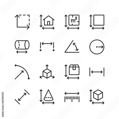 Precise measurement of dimensions, linear style icons set. Dimension and perimeter measurement with high accuracy. Editable stroke width
