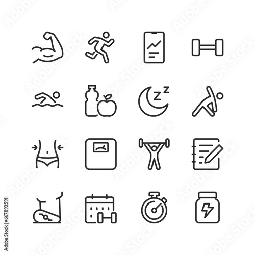 Fitness, linear style icons set. Athletic exercise. Gym. Increasing strength and burning excess weight. Sports and physical activity. Get results. Editable stroke width