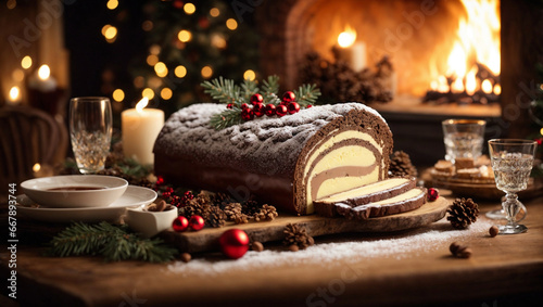 Bûche de Noël, tipico dolce natalizio francese in una atmosfera natalizia con caminetto e luci