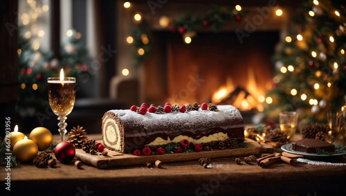 Bûche de Noël, tipico dolce natalizio francese in una atmosfera natalizia con caminetto e luci photo