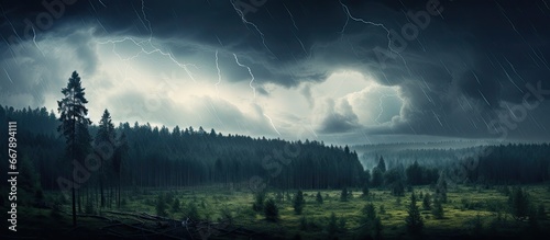 Poland s forest experiences a summer thunderstorm photo